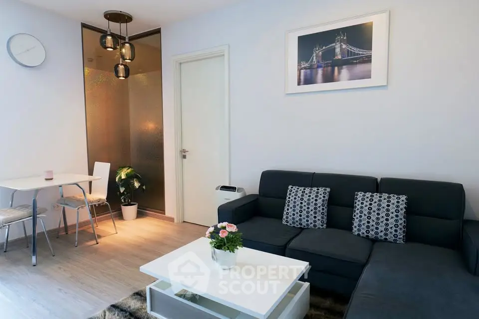 Modern living room with stylish decor and cozy seating area