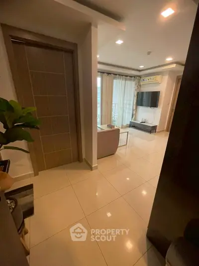 Modern living room with sleek TV setup and stylish decor