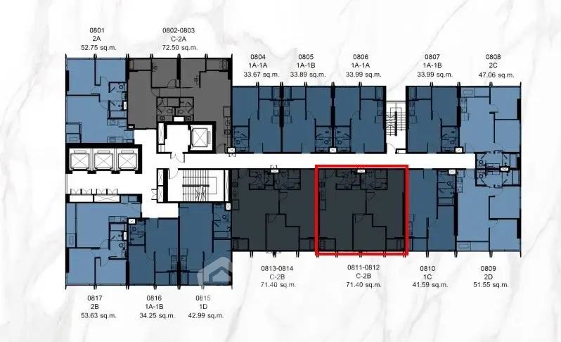 Floor plan layout of a modern apartment building with highlighted unit in red.