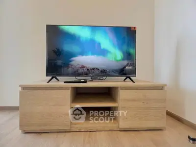 Modern living room with sleek TV stand and flat-screen TV displaying vibrant aurora borealis.