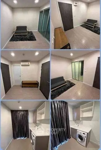 Modern apartment interior with sleek design, featuring a cozy living area and convenient in-unit laundry.