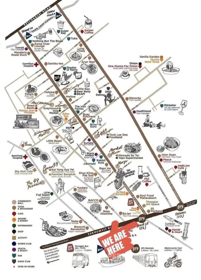 Charming neighborhood map highlighting local eateries, cafes, and attractions near Sukhumvit, perfect for urban explorers.