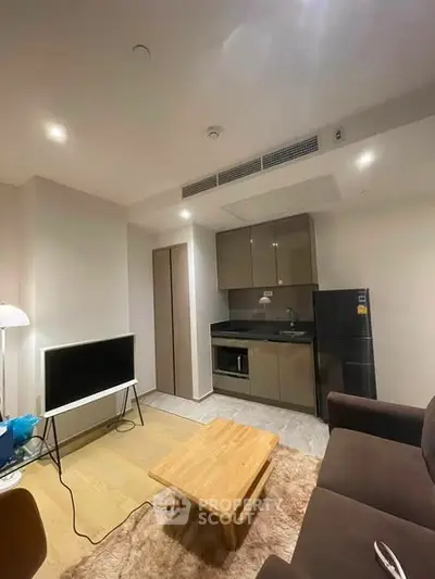 Modern living room with compact kitchen in a cozy apartment