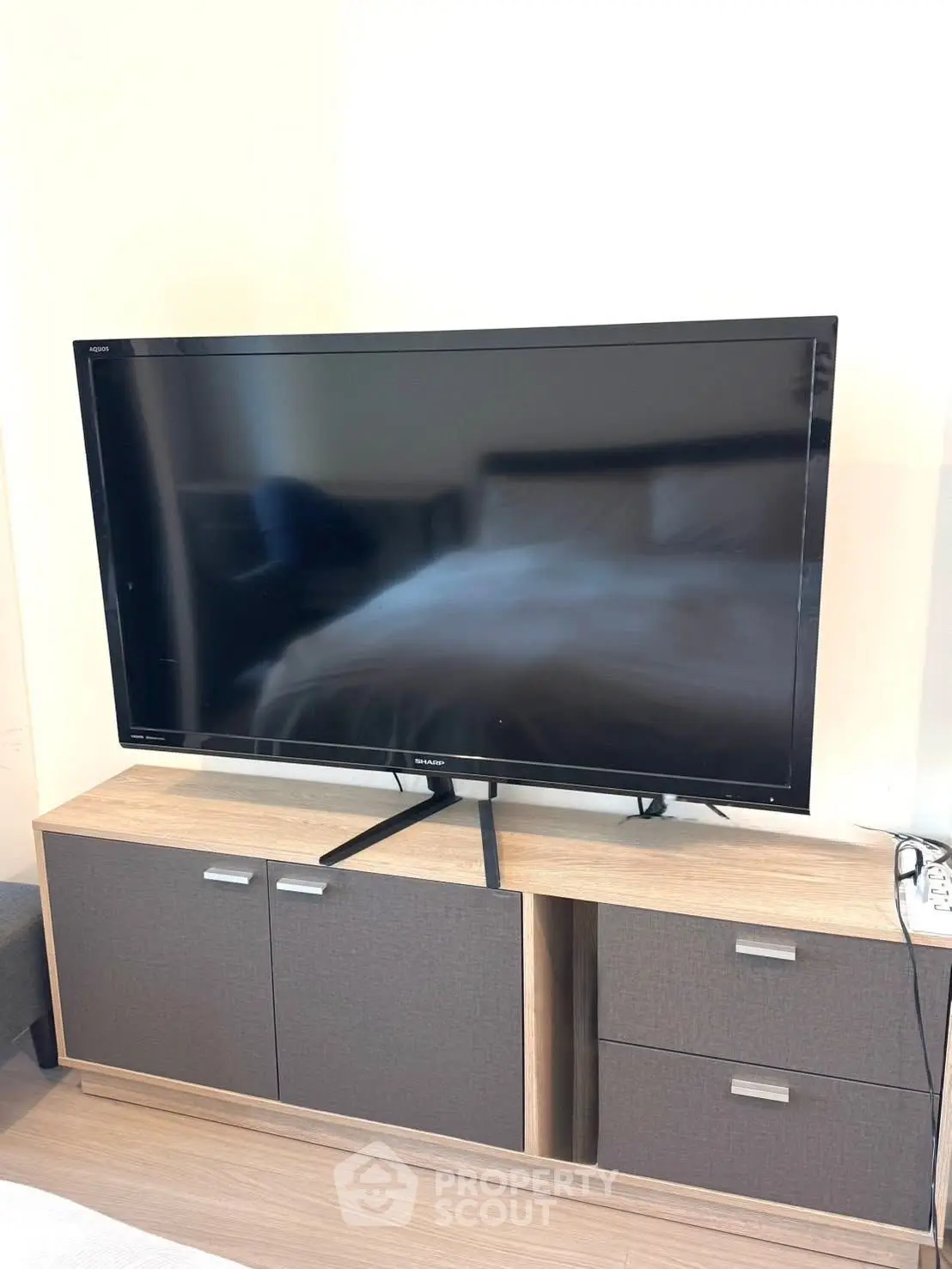 Modern living room with sleek TV on stylish wooden cabinet, perfect for entertainment.
