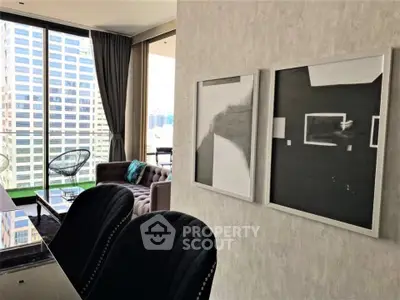 Luxurious modern living room with stunning city view and elegant decor