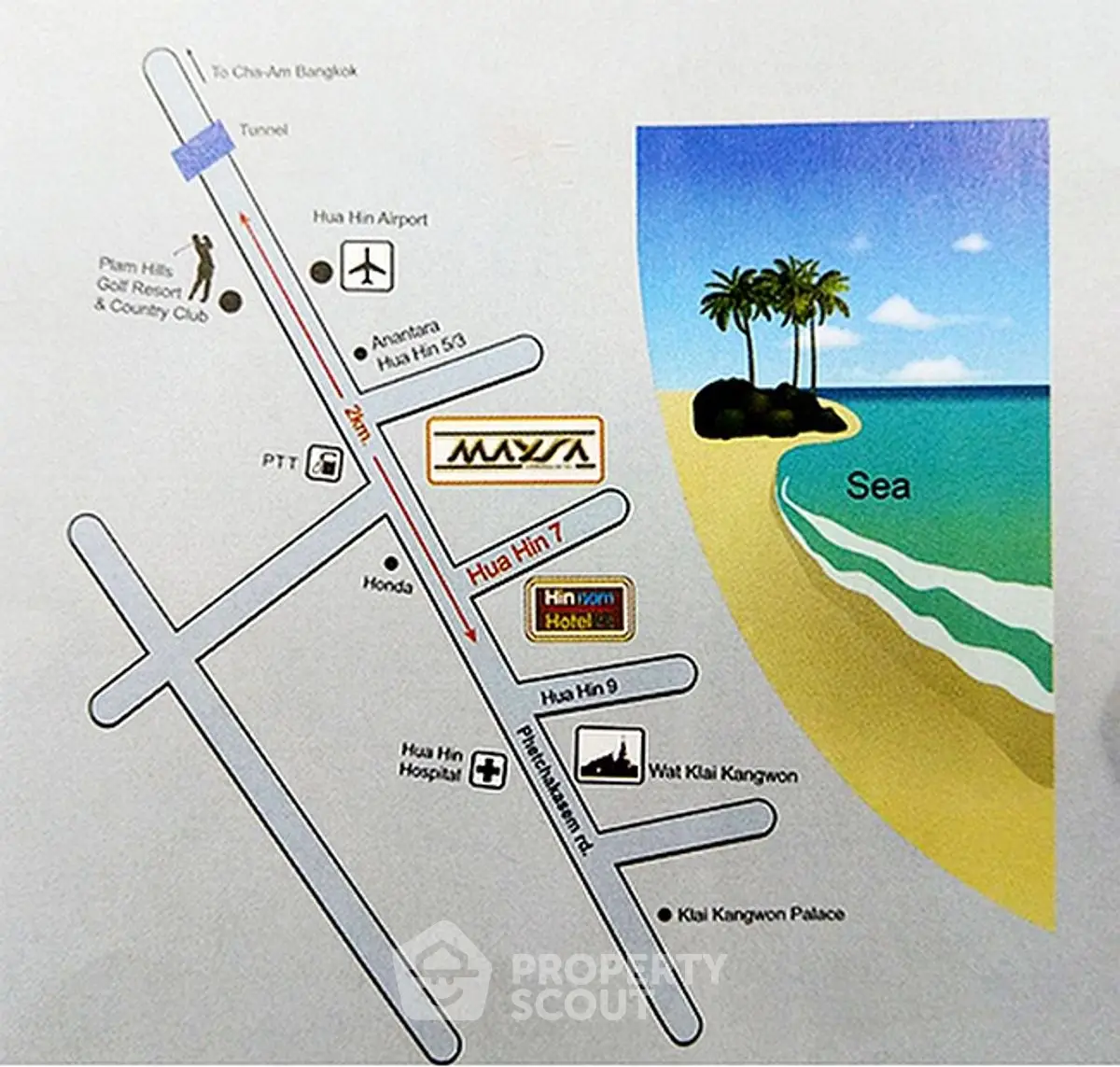 Map showing Hua Hin area with landmarks and sea view