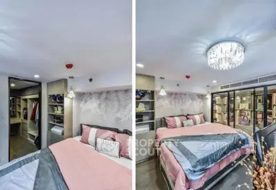 Luxurious bedroom with elegant decor and walk-in closet, featuring modern lighting and stylish bedding.