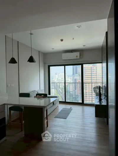 Modern living room with city view and sleek interior design