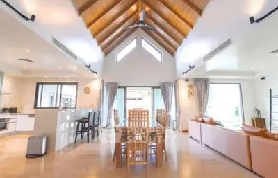 Stunning open-plan living room with high vaulted ceiling and modern decor