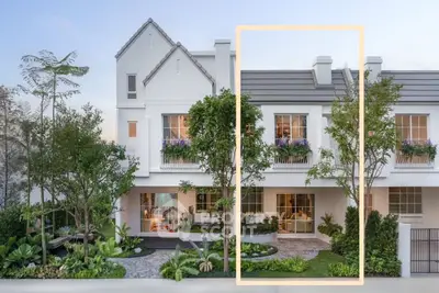 Charming two-story white house with lush garden and modern design.