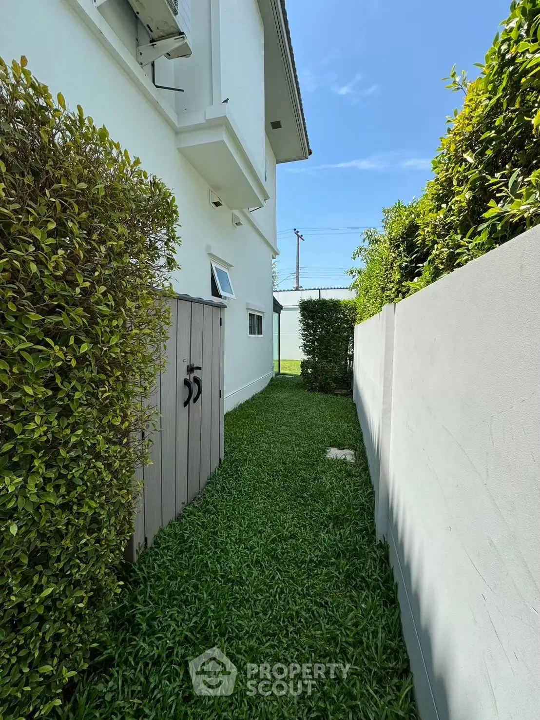 Charming side garden with lush greenery and modern white exterior wall, perfect for serene outdoor relaxation.