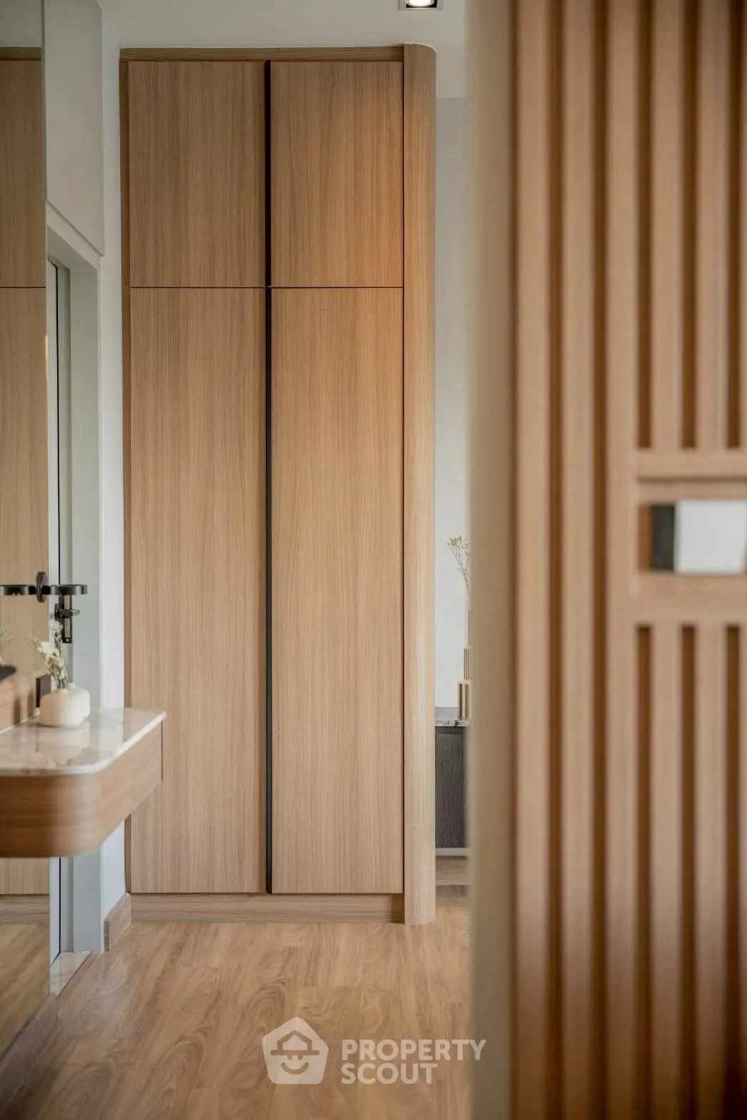 Modern wooden wardrobe in stylish interior design