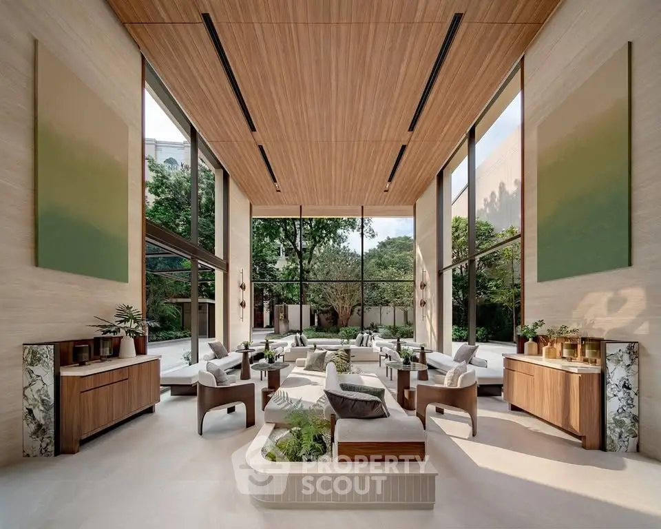 Luxurious modern living room with high ceilings and large windows overlooking a lush garden.