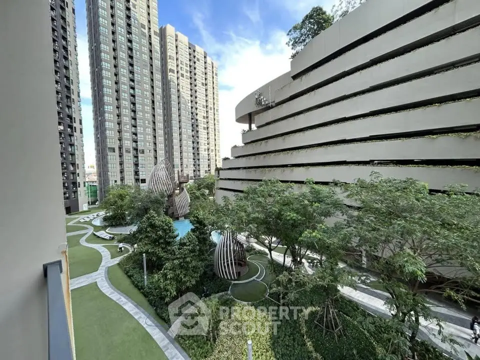 Luxurious urban garden view with modern architecture and lush greenery