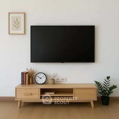 Modern living room with sleek TV setup and stylish wooden furniture.