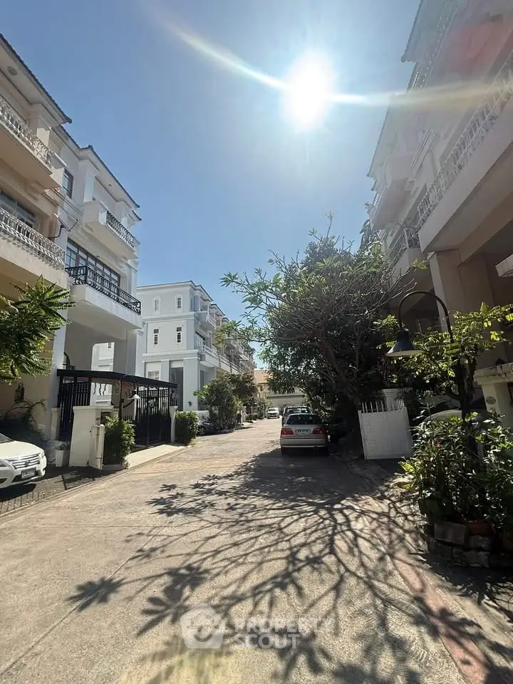 Charming residential street with modern townhouses and lush greenery under a bright sunny sky.