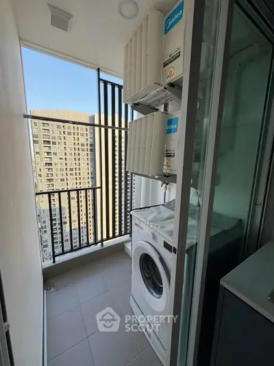 Modern apartment balcony with washing machine and city view