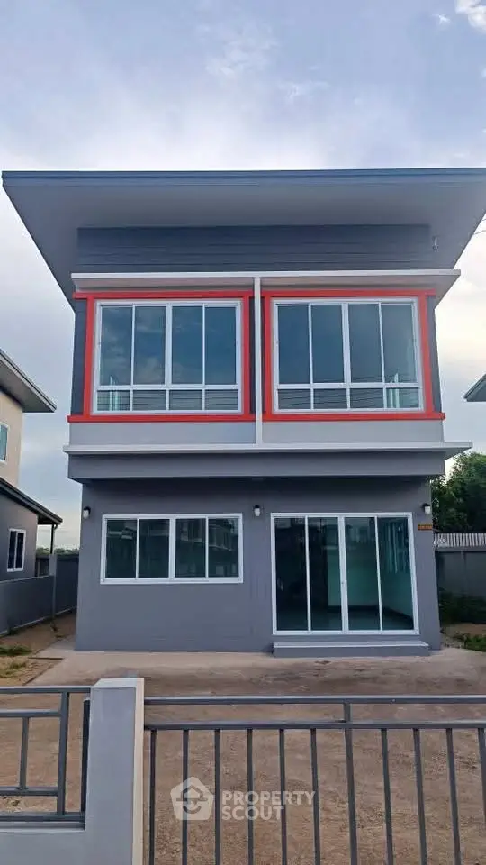 Modern two-story house with large windows and sleek design