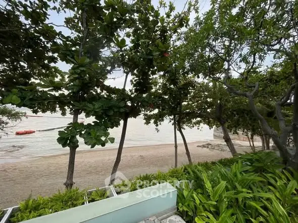 Serene beachfront view with lush greenery and sandy shore, perfect for relaxation and leisure.