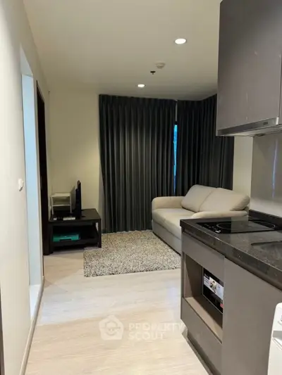 Modern compact living room with cozy sofa and open kitchen layout