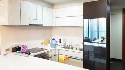 Modern kitchen with sleek cabinets and appliances in a stylish apartment.