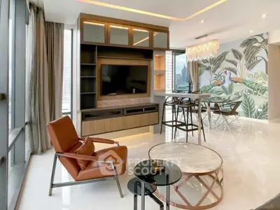 Luxurious modern living room with city view, elegant furniture, and stylish decor in high-rise apartment.