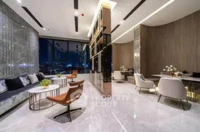 Luxurious modern living room with elegant marble flooring and stylish furniture, offering a stunning city view.