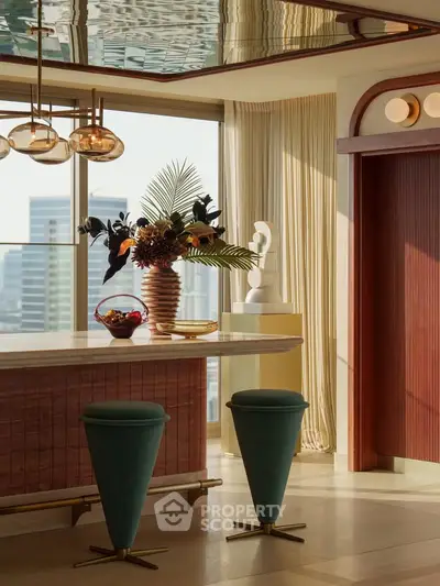 Luxurious modern living room with elegant decor and city view, featuring stylish bar stools and artistic accents.