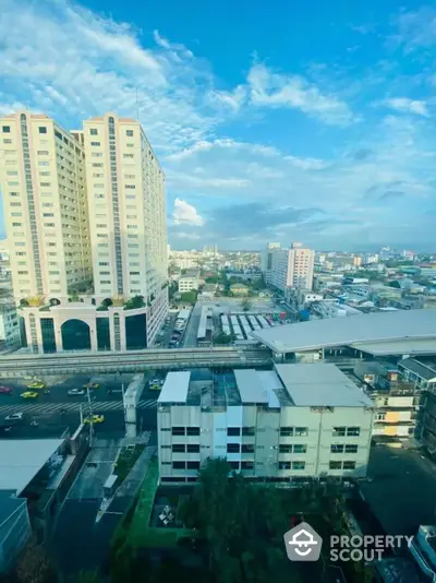 Stunning cityscape view from high-rise building with clear blue sky