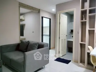 Modern apartment interior with cozy living room and open kitchen layout