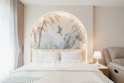 Luxurious bedroom with elegant wall art and cozy lighting