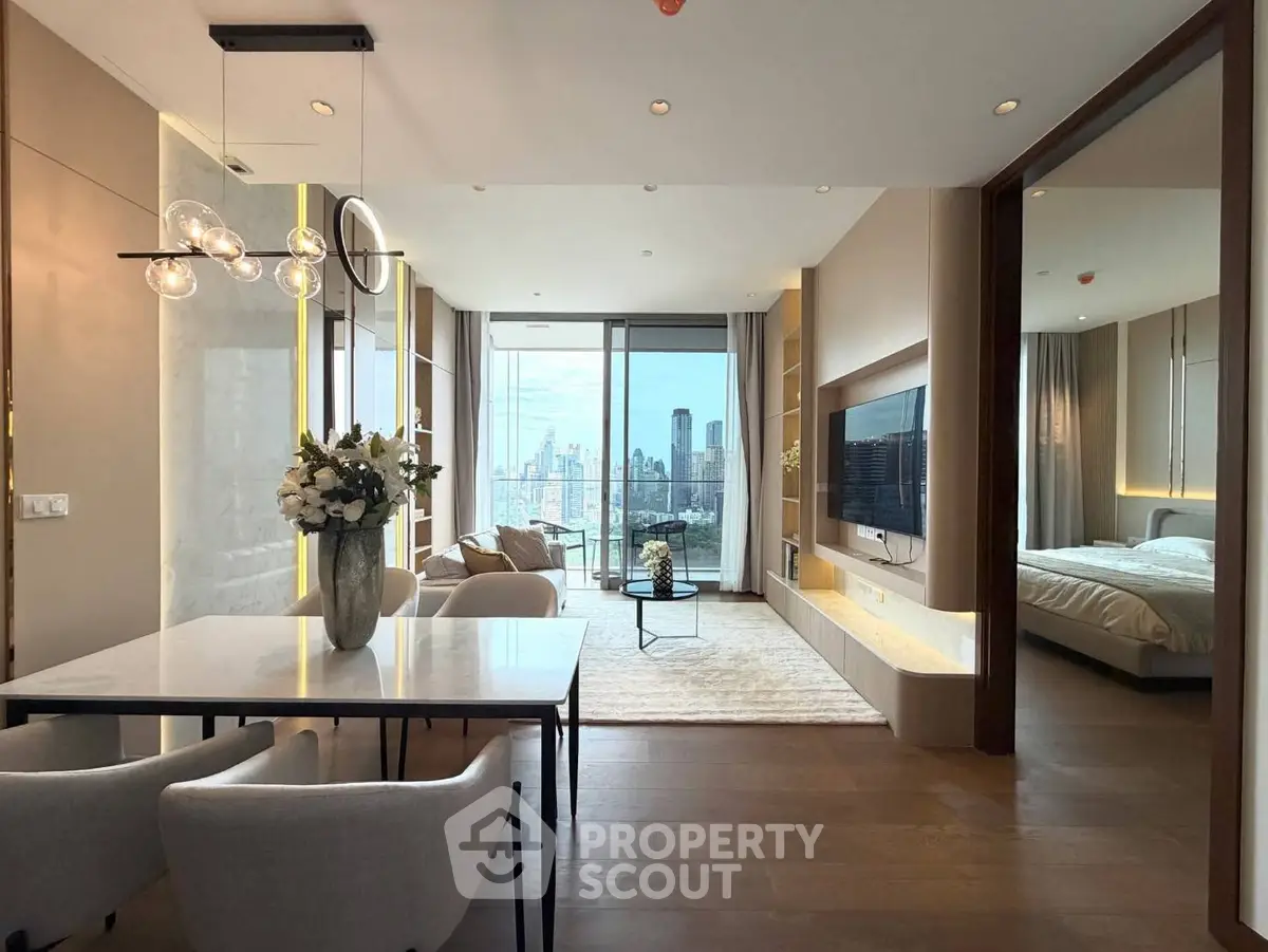 Luxurious modern apartment with open living room and stunning city view