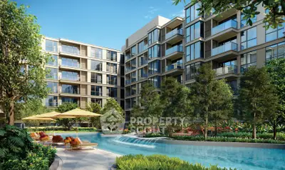 Luxurious modern apartment complex with pool and lush greenery