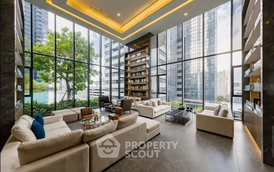 Luxurious modern living room with floor-to-ceiling windows and stunning city view