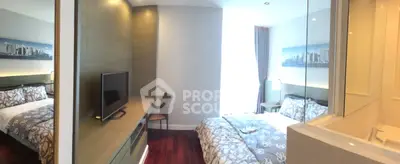 Modern bedroom with cityscape artwork and stylish decor, featuring a cozy bed and sleek TV setup.