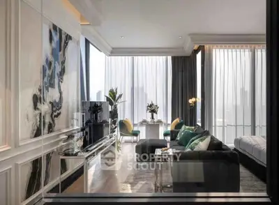 Luxurious modern living room with stunning city view, elegant decor, and spacious layout.