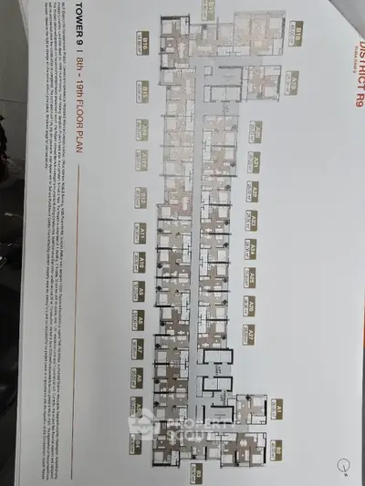Detailed floor plan of Tower 9 showcasing apartment layouts on 8th to 19th floors.