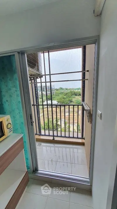 Cozy balcony with a scenic view from a modern apartment