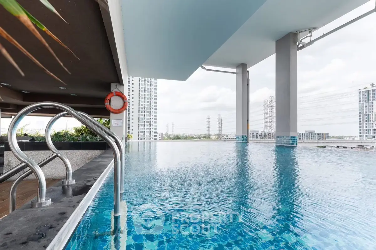 Luxurious rooftop infinity pool with stunning city views in modern high-rise building.