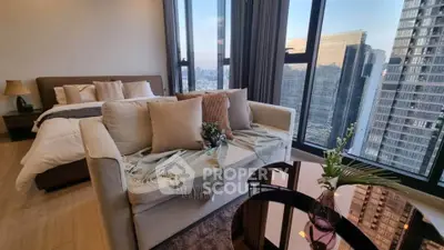 Luxurious bedroom with stunning city view and elegant decor