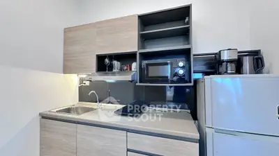 Modern compact kitchen with sleek appliances and ample storage space.