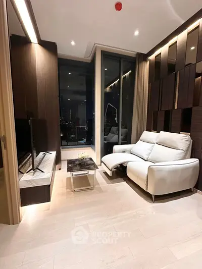 Luxurious modern living room with sleek design and city view, featuring elegant furniture and ambient lighting.