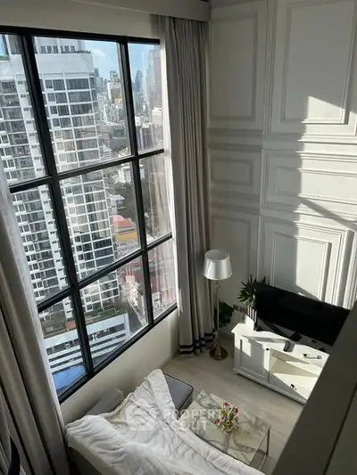 Luxurious high-rise living room with stunning city view and elegant decor