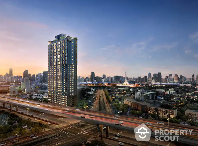 Stunning cityscape view with modern high-rise building and vibrant skyline at sunset.