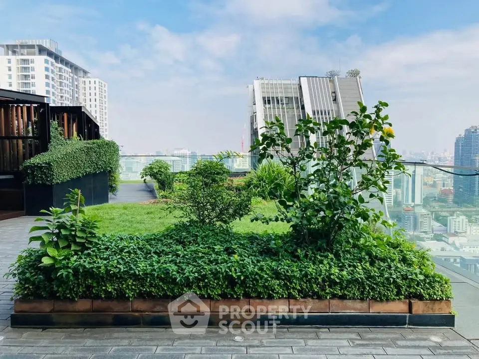 Stunning rooftop garden with panoramic city views and lush greenery