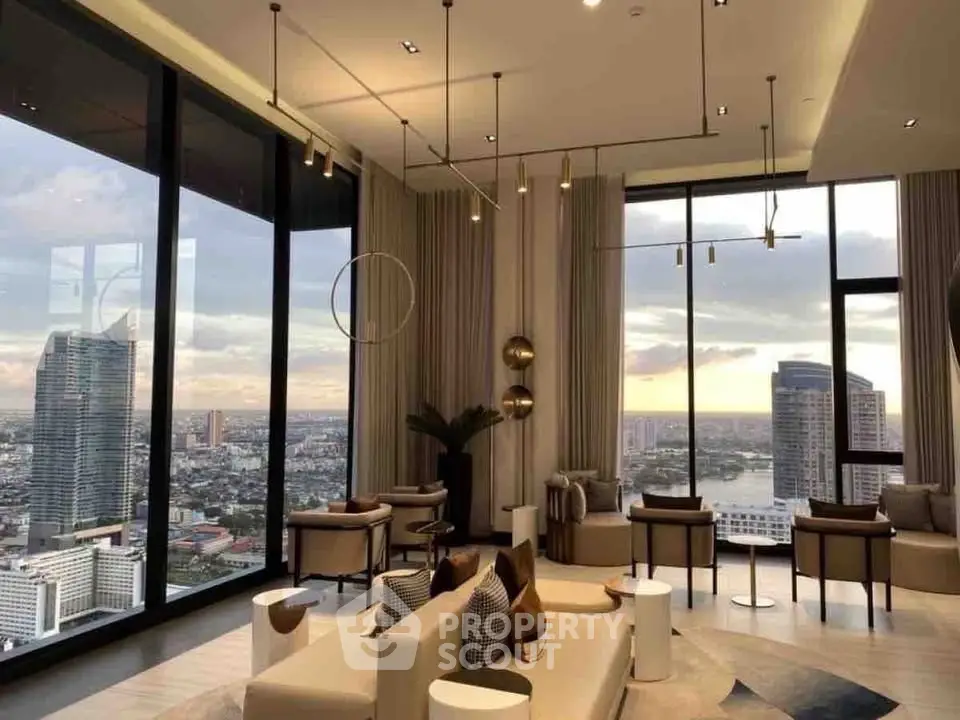 Luxurious high-rise living room with panoramic city views and modern decor