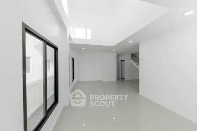 Spacious modern interior with large windows and sleek white design