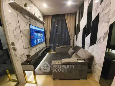 Luxurious modern living room with marble walls and sleek furniture