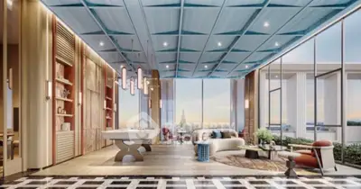 Luxurious modern living room with panoramic city view and elegant decor