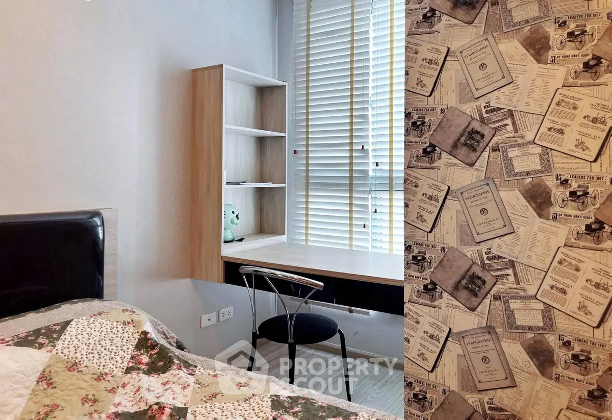 Charming bedroom with a cozy study nook and stylish decor, perfect for relaxation and productivity.